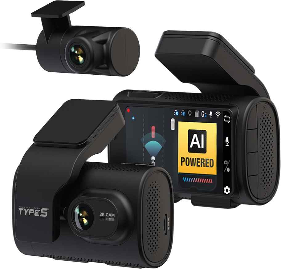 TYPE S TOURING ITEMS Type S T200 AI Driver Assistance Dash Cam - 1440p, ADAS Powered with Collision Alerts, Lane and Pedestrian Detection, Vehicle Departure Reminders, Front and Rear 2 Channel Smart 24/7 Video Surveillance